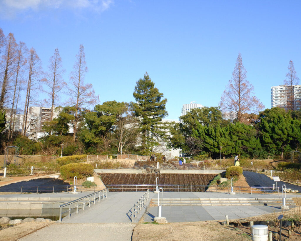 靭公園の中で景色を全体的に撮った写真。奥に上り階段と木がある。広々としていて人は少ない。